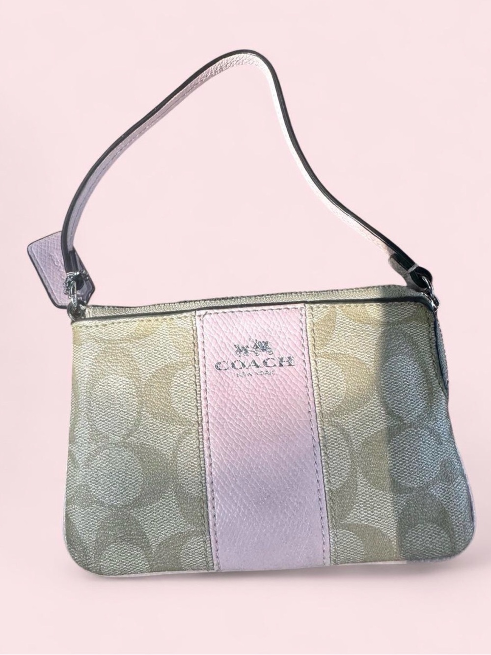 Coach light khaki Beige Signature Canvas Wristlet with light Pink Center Stripe